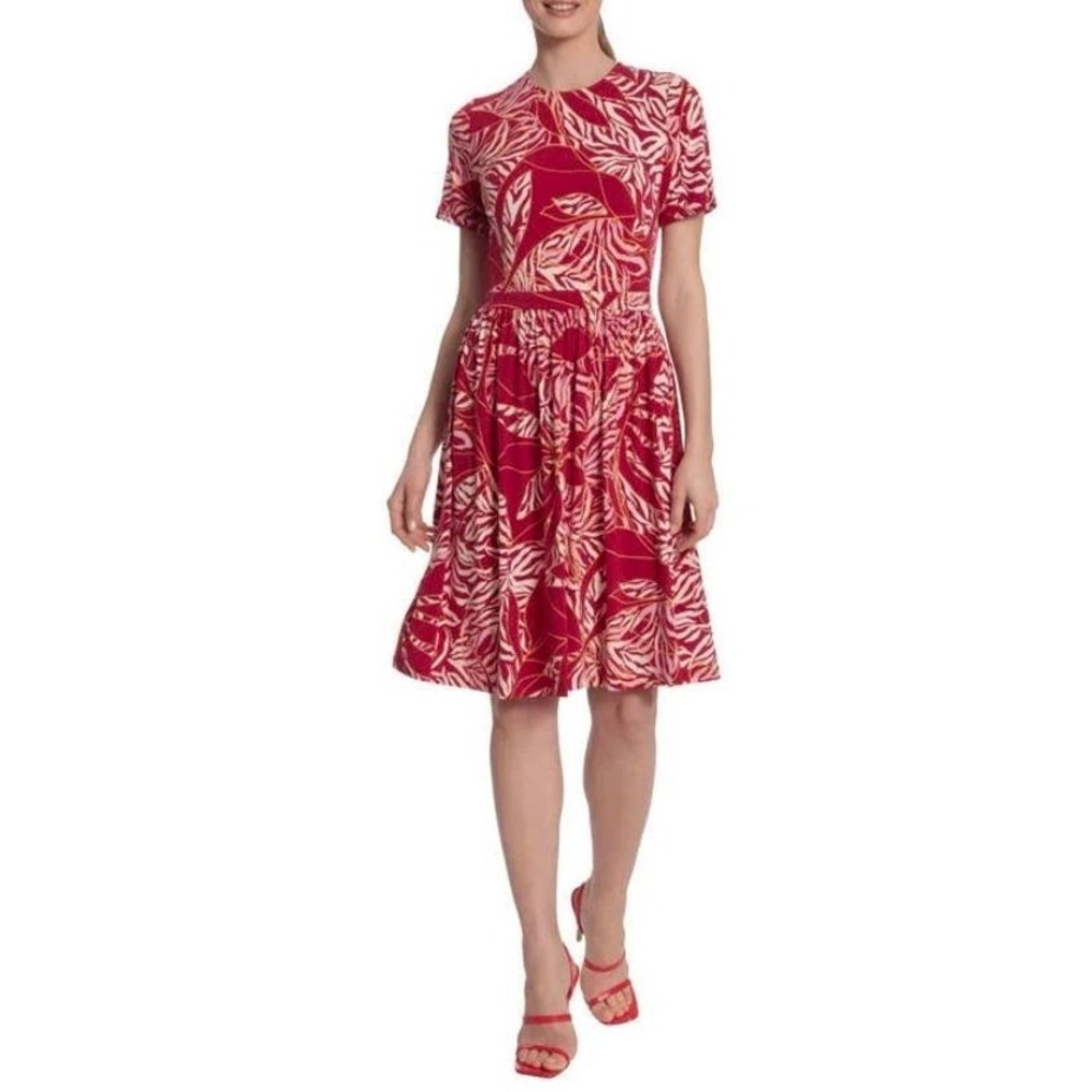 Maggy London Women's Short Cuff Sleeve Tropical Jersey Dress in Red/Cream Size 8